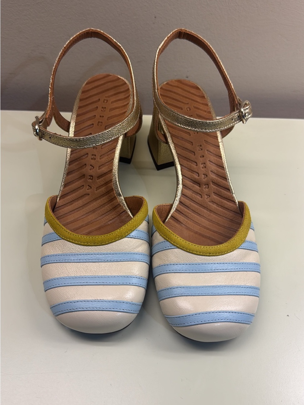Chie Mihara Cream and Light Blue Striped Block Heel Sandals with Gold Strap